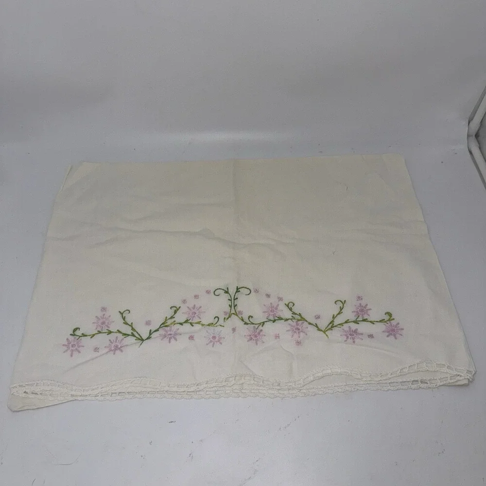 Vintage white pillowcase w/ pink floral embroidery & hand-crocheted lace edge